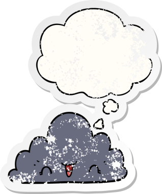 Düşünce baloncuğu olan sevimli çizgi film bulutu bir insan tarafından çizilmiş yıpranmış bir çıkartma gibi.