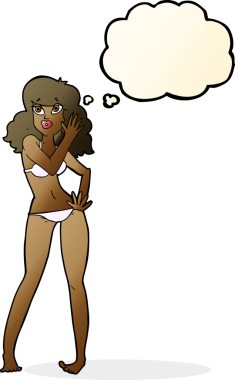 Bir insan tarafından çizilmiş düşünce baloncuğu olan bikinili güzel bir kadın.