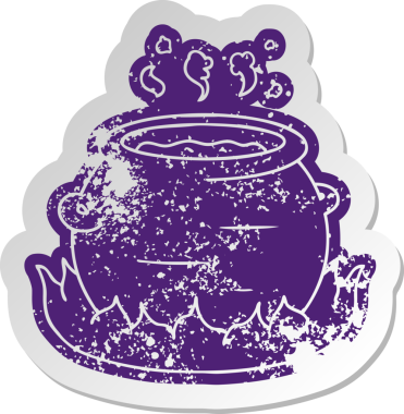 Bir insan tarafından çizilmiş bir tencere güvecin sıkıntılı eski çizgi film çıkartması.