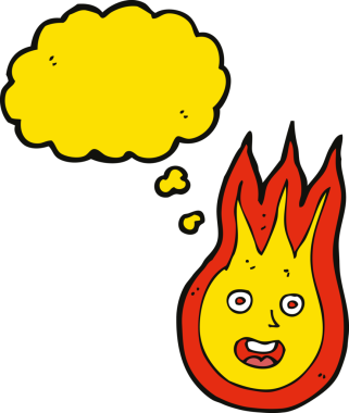 Bir insan tarafından çizilmiş düşünce baloncuklu çizgi film arkadaşı alev topu.