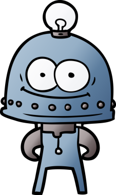 Bir insan tarafından çizilmiş ampullü mutlu karton robot.