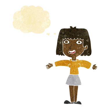 Bir insan tarafından çizilmiş düşünce baloncuğu olan heyecanlı bir kadın.