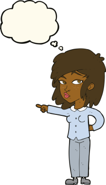 Bir insan tarafından çizilmiş düşünce balonuyla işaret eden çizgi film kadını.