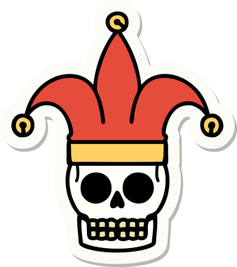 Bir insan tarafından çizilmiş geleneksel bir kafatası soytarısı stili dövme çıkartması.