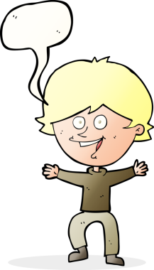 Bir insan tarafından çizilmiş konuşma balonuyla gülen mutlu çocuk çizgi filmi.