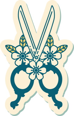 Bir insan tarafından çizilmiş geleneksel makas ve çiçek stili dövme çıkartması.