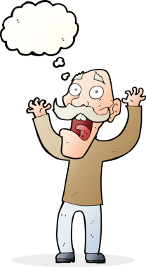 Karikatür ihtiyarı bir insan tarafından çizilen düşünce baloncuğundan korkar.