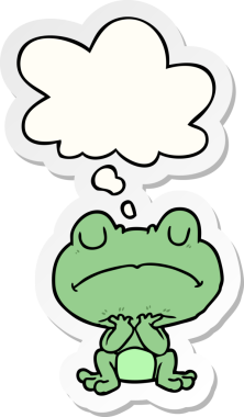 Düşünce baloncuğu insan tarafından çizilmiş bir çıkartma olan karikatür kurbağası.