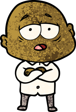 Bir insan tarafından çizilmiş yorgun, kel bir adam.