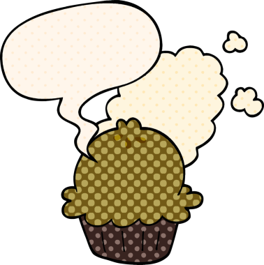 Bir insan tarafından çizilmiş çizgi roman tarzında konuşma baloncuğu olan şirin bir çizgi film pastası.