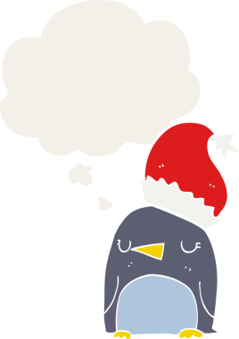Düşünce baloncuğu olan sevimli noel pengueni insan tarafından çizilmiş.