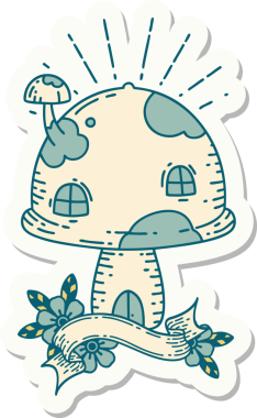 Bir insan tarafından çizilmiş dövme stili mantar evi çıkartması.