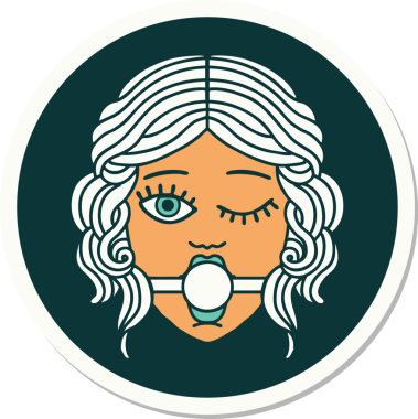 Geleneksel bir dövme stili. Göz kırpan kadın yüzü. Bir insan tarafından çizilmiş top şakası.