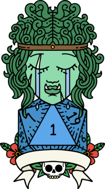 Retro Dövme Tarzı Ağlayan Ork Barbar Karakteri Bir insan tarafından çizilmiş doğal D20 rulosu