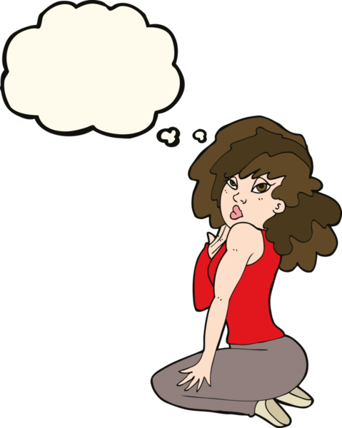 Bir insan tarafından çizilmiş düşünce balonuyla poz veren karikatür kadın.