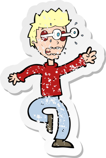 Bir karikatürün gerilimli çıkartması. Dehşete düşmüş bir adam. Gözleri bir insan tarafından çıkarılmış.