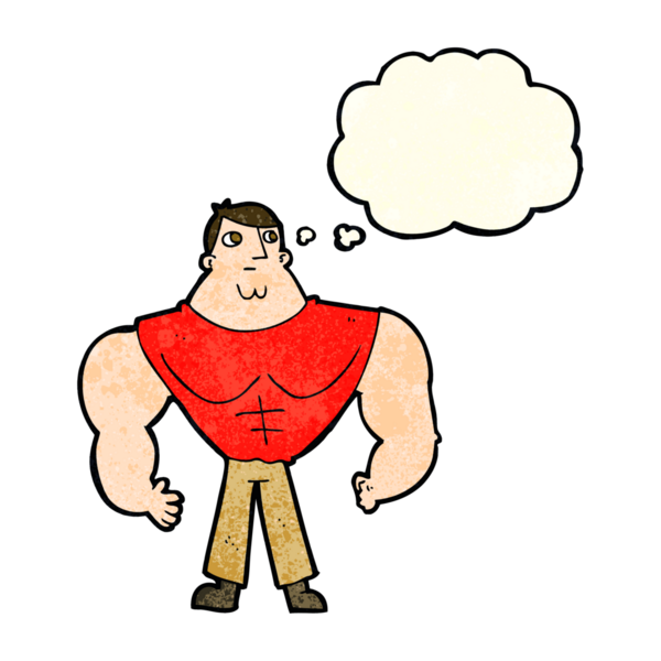 Bir insan tarafından çizilmiş düşünce baloncuğu olan karikatür vücut geliştirici.