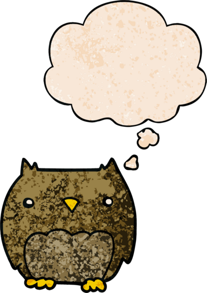 Bir insan tarafından çizilmiş grunge doku tarzında düşünce baloncuğu olan sevimli çizgi film baykuşu.