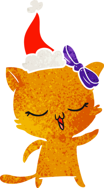 Bir insanın çizdiği Noel Baba şapkası takan kedinin el çizimi karikatürü.