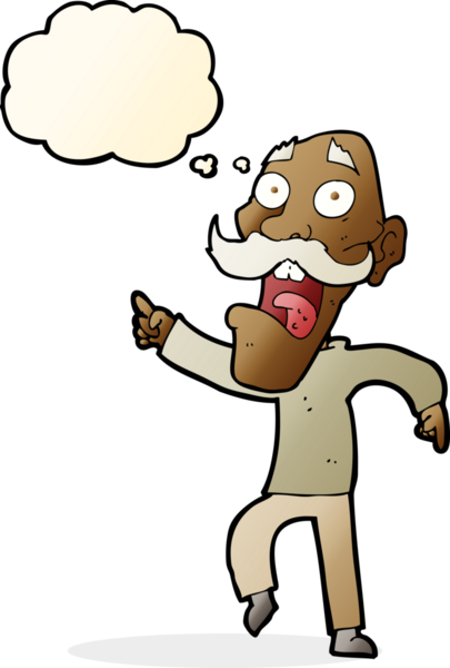 Çizgi film, bir insan tarafından çizilmiş düşünce balonuyla korkmuş yaşlı bir adam.