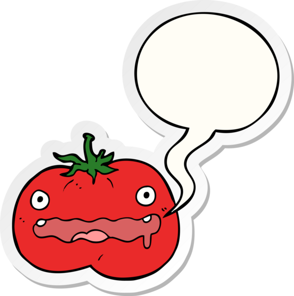 Bir insan tarafından çizilmiş konuşma kabarcığı çıkartmalı domates çizgi filmi.
