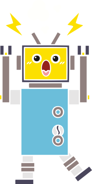 Bir insan tarafından çizilmiş arızalı bir robotun düz renk retro karikatürü