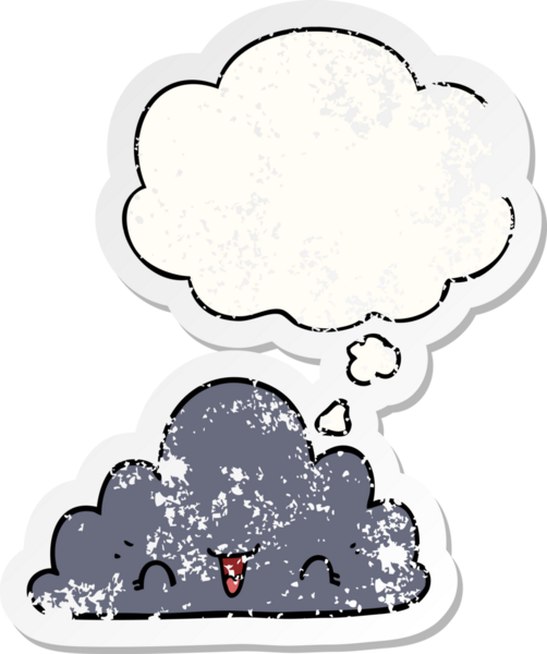 Düşünce baloncuğu olan sevimli çizgi film bulutu bir insan tarafından çizilmiş yıpranmış bir çıkartma gibi.