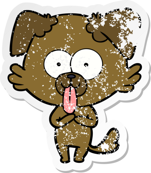 Bir insan tarafından çizilmiş dilli çizgi film köpeğinin sıkıntılı çıkartması.