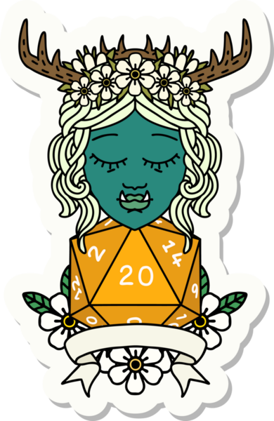 Bir insan tarafından çizilmiş 20 zarlı Ork Druid karakterinin çıkartması.