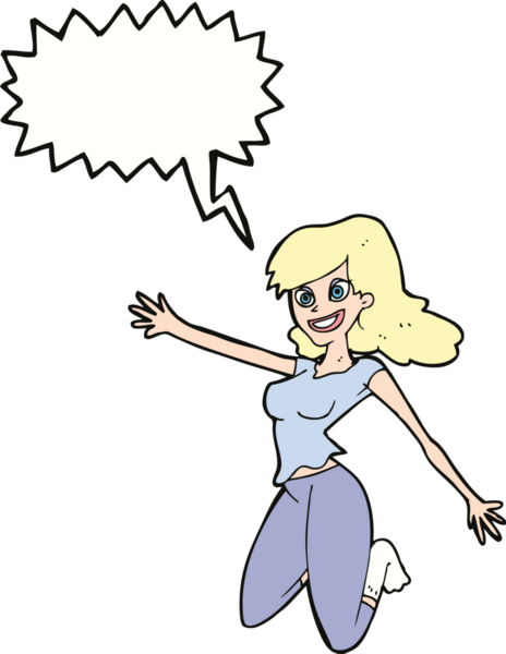 Bir insan tarafından çizilmiş konuşma balonlu zıplayan kadın.