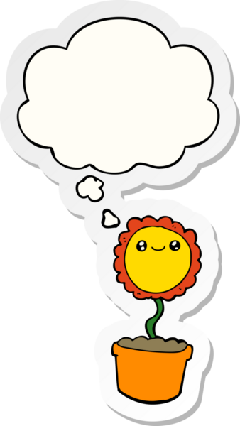 Düşünce baloncuklu karikatür çiçeği insan tarafından çizilmiş bir çıkartma gibi.