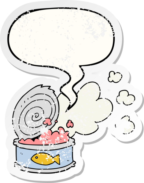 çizgi film kokulu balık konservesi konuşma baloncuğu bir insan tarafından çizilmiş sıkıntılı eski bir çıkartma