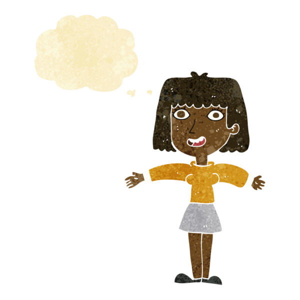 Bir insan tarafından çizilmiş düşünce baloncuğu olan heyecanlı bir kadın.