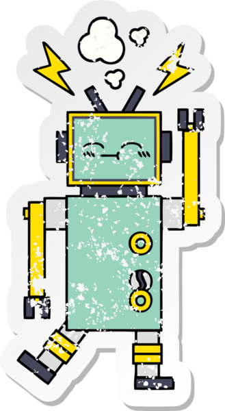 Bir insan tarafından çizilmiş sevimli bir robot çizgi film çıkartması.