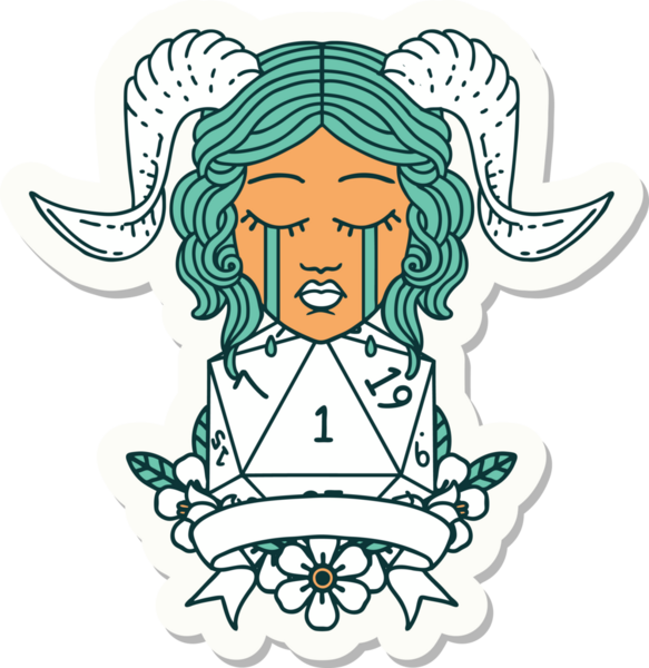 Ağlayan kravat iğnesinin çıkartması. Doğal 1 D20 Dice ile bir insan tarafından çizilmiş.