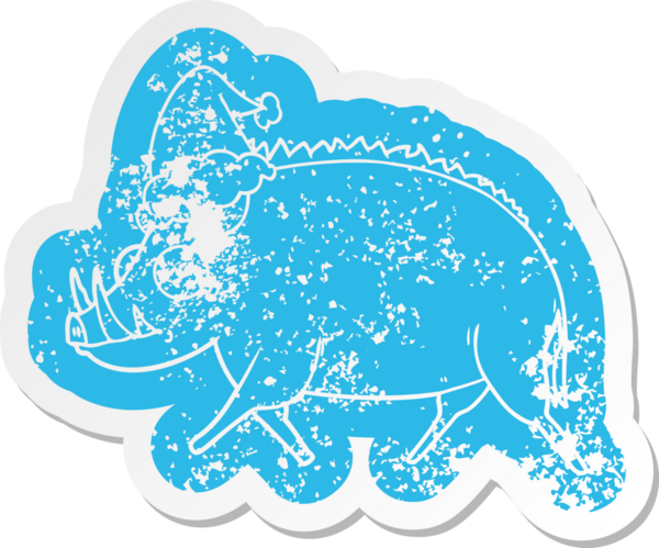 Bir insan tarafından çizilmiş Noel Baba şapkası takan vahşi bir domuzun hüzünlü karikatürü.