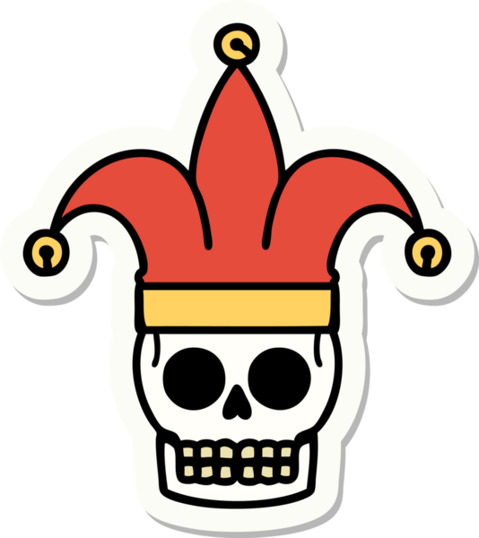 Bir insan tarafından çizilmiş geleneksel bir kafatası soytarısı stili dövme çıkartması.