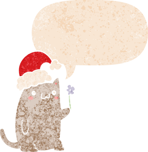 Hoş bir çizgi film kedisi ve grunge içinde konuşma baloncuğu insan tarafından çizilmiş kederli retro dokuma tarzı