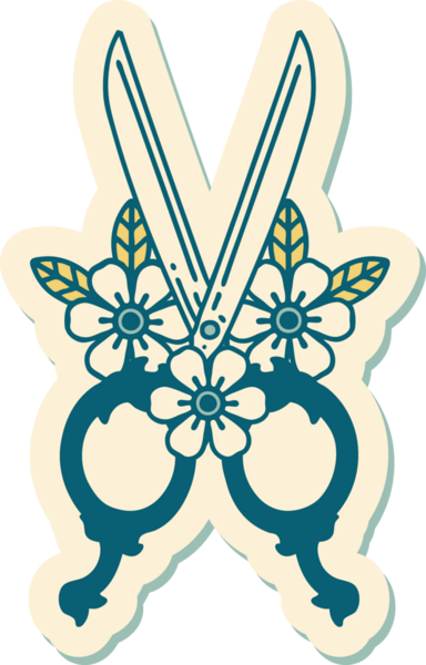 Bir insan tarafından çizilmiş geleneksel makas ve çiçek stili dövme çıkartması.