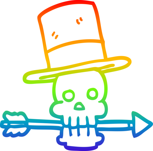 Bir insan tarafından çizilmiş silindir şapkalı ve oklu bir kafatası çizgi çizimi.