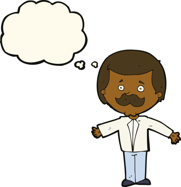 Çizgi filmlerdeki bıyıklı adam, kolları açık, düşünce baloncuğu çizen bir insan.