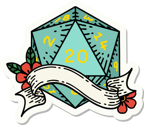 Bir insan tarafından çizilmiş 20 D20 zarının çıkartması.