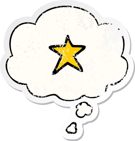 Düşünce baloncuğu olan çizgi film yıldızı sembolü insan tarafından çizilmiş yıpranmış bir çıkartma.