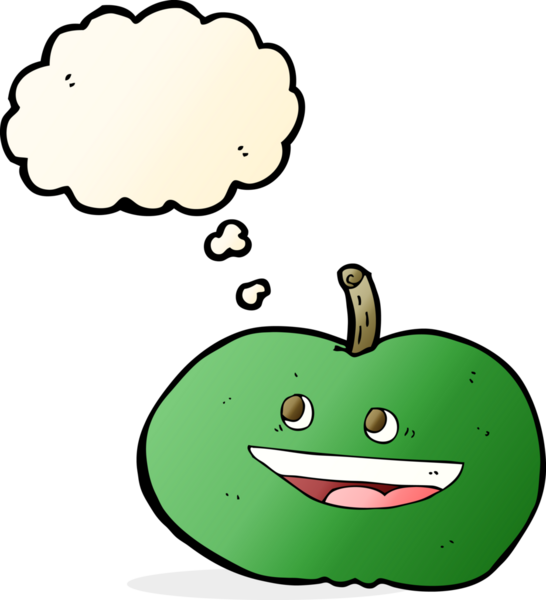 Bir insan tarafından çizilmiş düşünce balonlu mutlu elma çizgi filmi.