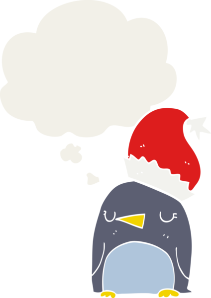 Düşünce baloncuğu olan sevimli noel pengueni insan tarafından çizilmiş.