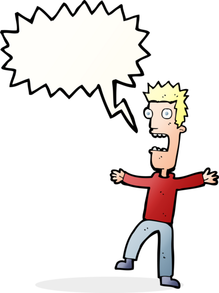 Bir insan tarafından çizilmiş, konuşma balonuyla dehşete düşmüş bir adam.