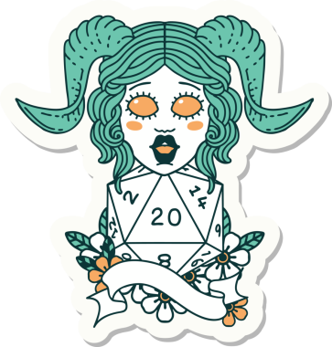 Bir insan tarafından çizilmiş doğal yirmi zarla yapıştırılmış bir etiket.