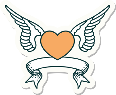 Bir insanın çizdiği kanatlı bir kalbin bayrağıyla dövme stili çıkartması.