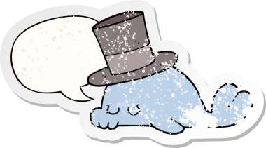 Konuşma baloncuğu olan sevimli çizgi film yunusu bir insan tarafından çizilmiş sıkıntılı eski bir çıkartma