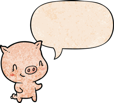 Bir insan tarafından çizilmiş eski moda konuşma baloncuklu şirin çizgi film domuzu.